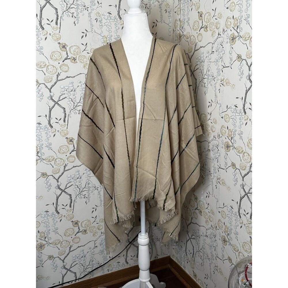 Echo Poncho Wrap Scarf Stripes Cream Fringe Wool